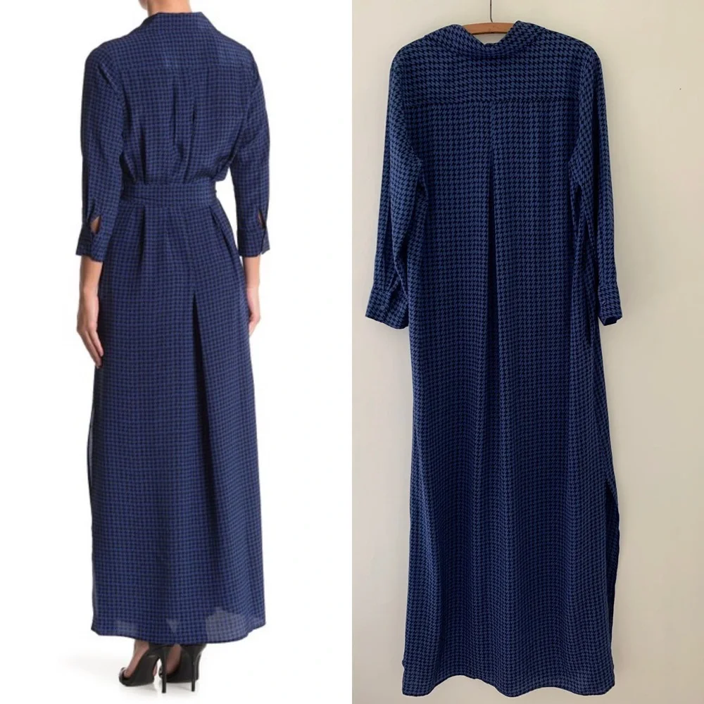 SOLD L’agence Cameron Shirt Dress Blue & Black Sz S 100% Silk Houndstooth - Picture 3 of 10